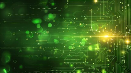 Green Abstract Circuit Board Background, An abstract green background featuring intricate circuit board patterns and glowing light effects, representing modern technology and connectivity.
