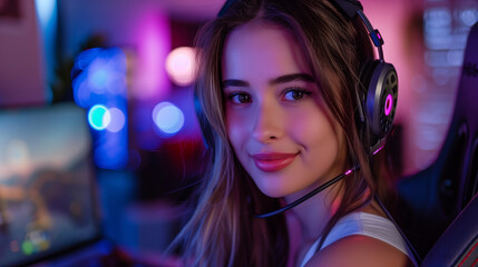 Smiling female gamer live streaming from a colorful gaming setup with headset and professional equipment.