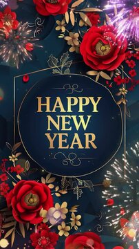 Chinese style Happy New Year poster, with a red and gold color scheme and peony flowers pattern background, with golden characters saying "Happy New Year" in the style of traditional Chinese character