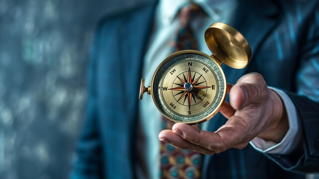 Businessman Holding a Vintage Compass in Hand, Symbolizing Guidance and Direction in Professional Life