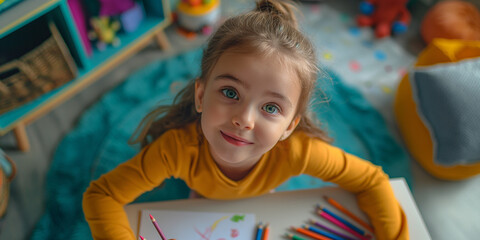 Fototapeta premium A young girl drawing with crayons at a small table in her bedroom