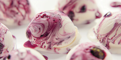 Fototapeta premium An image of sophisticated vanilla and blackberry swirl ice cream, its creamy texture and vibrant swirls against a white backdrop, perfect for a high-end dessert feature