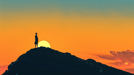 Silhouette of a Person Standing on a Hilltop at Sunset with Vibrant Orange and Blue Sky