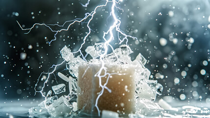 Electrifying Lightning Bolt Striking Ice Cube with Water Droplets in High-Speed Photography