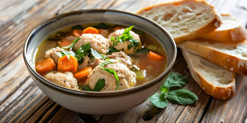 a bowl of chicken and vegetable soup with white bread on the side, generative AI