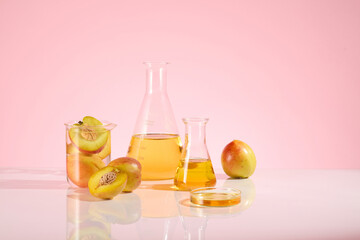 Template for designing of peach theme with front view, over pink background. Two erlenmeyer flask...