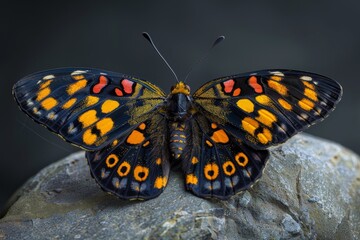 Fototapeta premium Close-up of a Black, Orange and Red Butterfly on a Stone