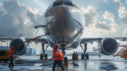 Ground crew performing a safety check on an airplane