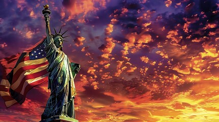 A majestic Lady Liberty towers over a vibrant Fourth of July fireworks display against a starry sky