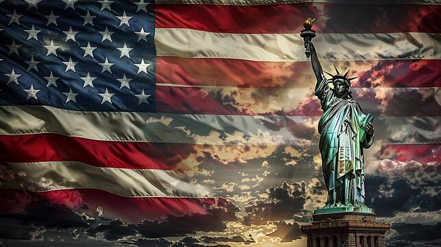 A symbol of freedom, the Statue of Liberty stands tall in New York Harbor, holding aloft the American flag