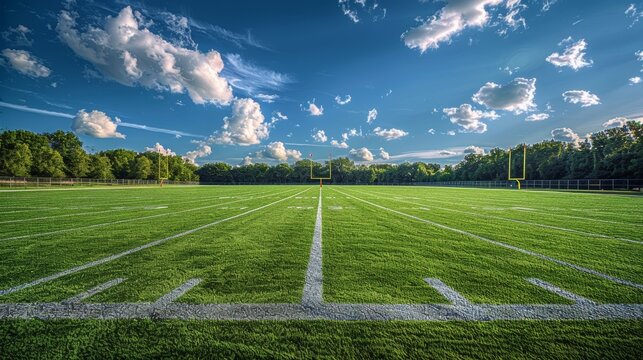 Empty football field with pristine turf, goalposts, and surrounding bleachers under a partly cloudy sky Generative AI