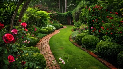 Fototapeta premium Lawns and flower beds with roses