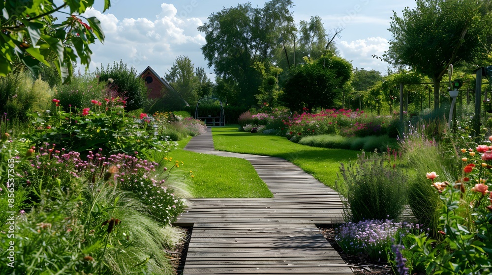 Wall mural lawns surrounded by flowering flower beds img