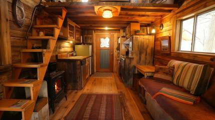 Fototapeta premium Cozy Rustic Cabin Tiny House with Wooden Interiors, Fireplace, and Vintage Decor