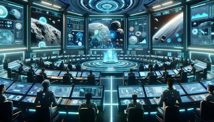Futuristic Space Command Center with High-Tech Monitors and Holograms