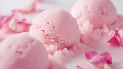 Exquisite rose petal sorbet, a closeup of exquisite rose petal sorbet, its soft pink color and delicate floral flavor presented against a white backdrop