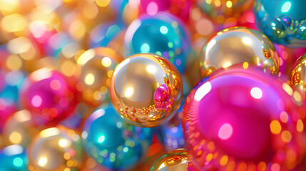Shiny colored balls abstract background, 3d gold metallic glossy spheres wallpaper.