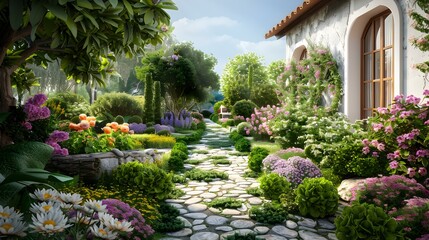 Naklejka premium Cottage yard decorated with decorative stones picture