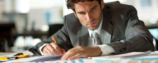 Focused Businessman Analyzing Investment Proposal Surrounded by Charts and Graphs in Office Setting