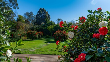 A yard with camellia bushes covered img