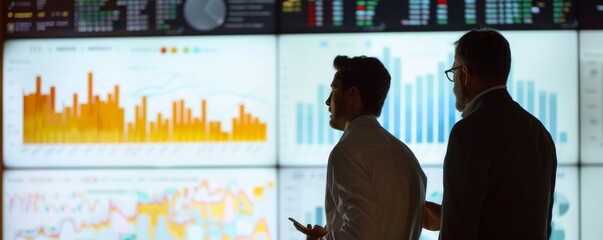 Collaborative Discussion on Digital Investment Trends in Business with Colleague, Data Displayed on Large Screen