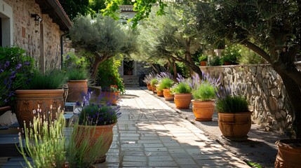 The courtyard is lined with olive trees picture