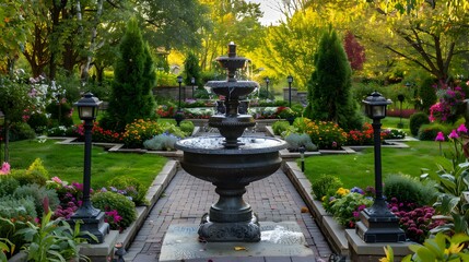 Obraz premium A landscape with elegant fountains surrounded img