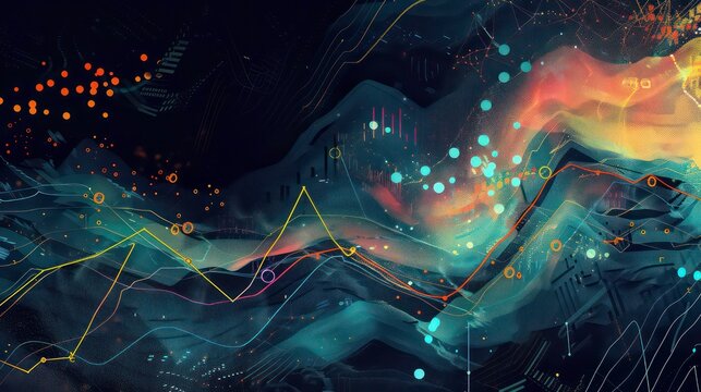 Virtual stock market lines and financial charts over dark background. Digital screen. Concept of finance advisory and international consulting. Huds, numbers and line graphs