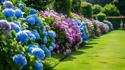 Hedges of hydrangea bushes creating bright img