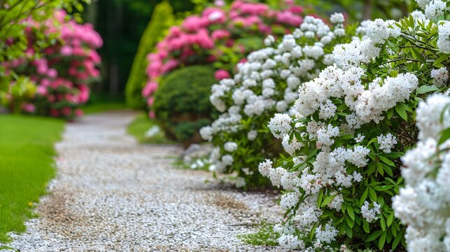 Hedges of flowering spirea bushes create delicate image