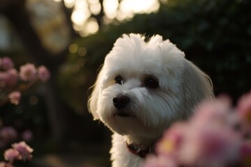 Charming image of a fluffy white dog looking curiously amid vibrant pink flowers in a serene garden setting.


