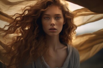 Naklejka premium Ethereal portrait of a woman with flowing golden hair, capturing a moment of wind-blown beauty in a subdued setting.