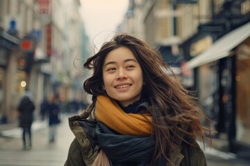 Fototapeta premium Cheerful young woman walking on a city street, her joyful expression illuminated by soft daylight, embodying urban life and happiness.