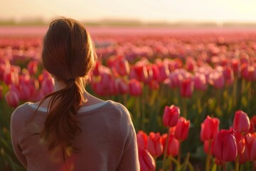 Naklejka premium A young woman gazes at a vibrant tulip field during sunset, the warm light highlighting the flowers and her peaceful expression.