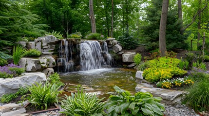 Naklejka premium A landscape with a picturesque waterfall flowing image