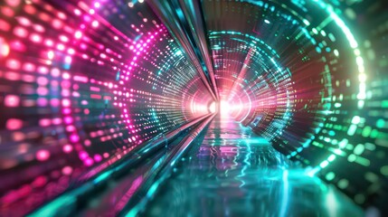 Obraz premium abstract futuristic background portal tunnel with pink blue and green glowing neon moving high speed wave lines and flare lights. Data transfer concept Science style wallpaper