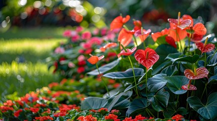 Obraz premium Landscape with anthuriums in the yard surrounded img