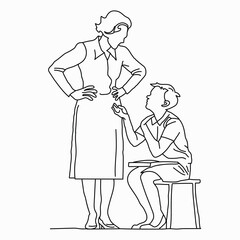 Line art of mother and son are talking about lesson.