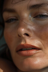 Detailed Close-Up Photo of a Middle-aged Woman in Her 40s with Glowing, Healthy Skin, Without Makeup