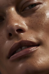 Ultra-Detailed Close-Up Photo of a Middle-Aged Woman's Face Highlighting Pristine, Healthy Skin
