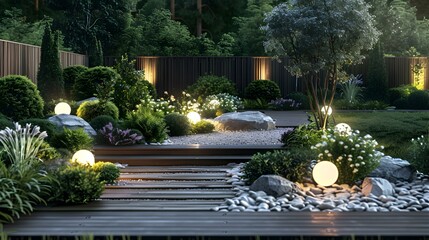 Obraz premium Landscaped area with a cozy wooden terrace picture