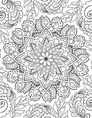 Ornamental mandala adult coloring book page. Zentangle style coloring page. Arabic, Indian ornament black outline.	