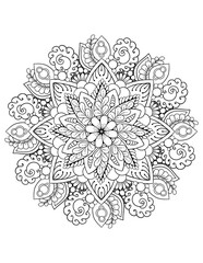 Ornamental mandala black outline adult coloring book page. Zentangle style coloring page. Arabic, Indian ornament