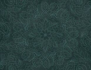 Dark green ornamental background with mandala outline in mehndi style 	