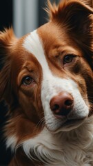 aesthetic image of a red and white bicolor dog closeup background