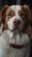 aesthetic image of a red and white bicolor dog closeup background