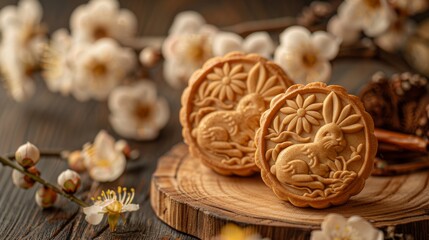 Fototapeta premium Golden Harvest: Mid-Autumn Festival Mooncake Promotion Featuring Rabbit-Designed Biscuits