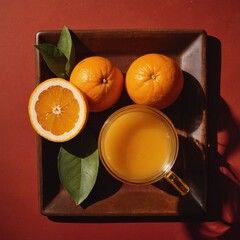 A top-down view of a tray containing two whole oranges, a half-orange, and a glass of freshly squeezed orange juice, bathed in warm golden hour light