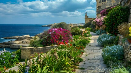 A maltese garden with flowerbeds of bright picture