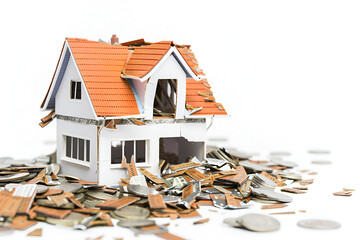 Collapsed House Model Surrounded by Coins and Banknotes on White Background